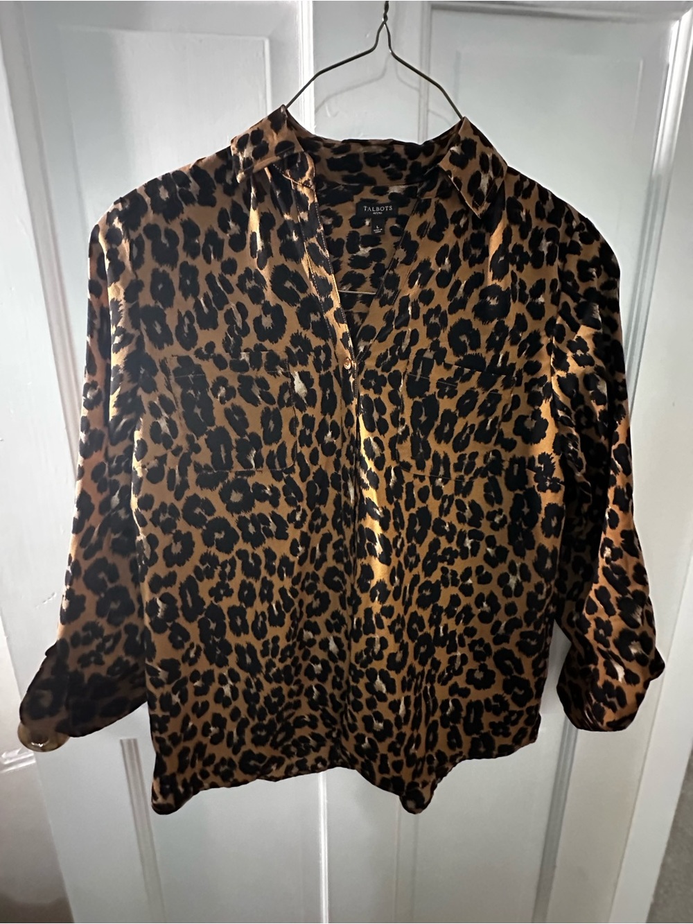Talbots Leopard Print Satin Button-Front Blouse - Brown/Black
